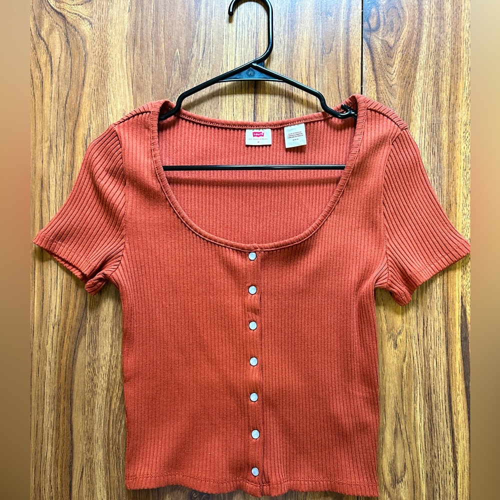 Women's Orange Ribbed Button-Up Top